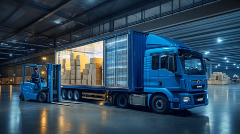 蓝色卡车装载纸箱