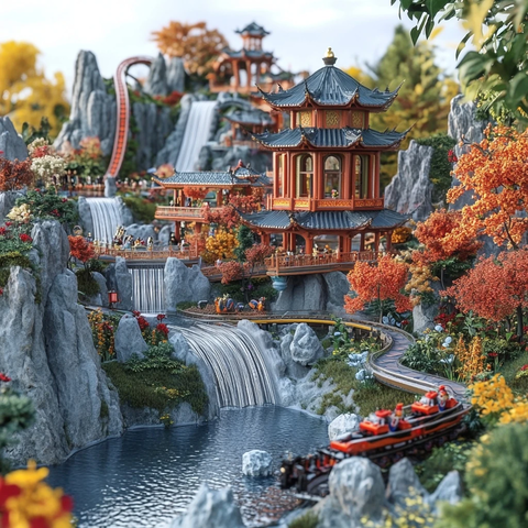 中式园林景观中的仿古建筑与小火车