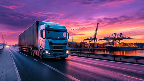 卡车旁港口夕阳下货船装卸