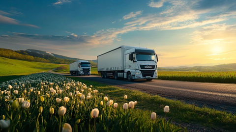 白色货车行驶土路旁郁金香田