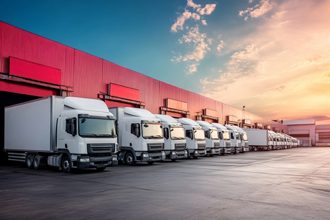 仓库前白色卡车车队