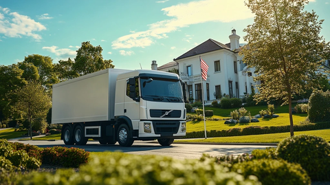 白色垃圾车前的美式大房子