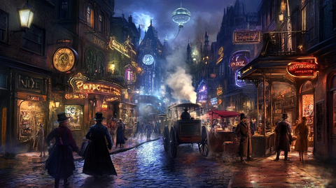 复古街道夜景中行人马车穿梭的景象