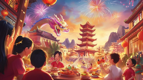 古建筑前的人们共赏烟花迎新春