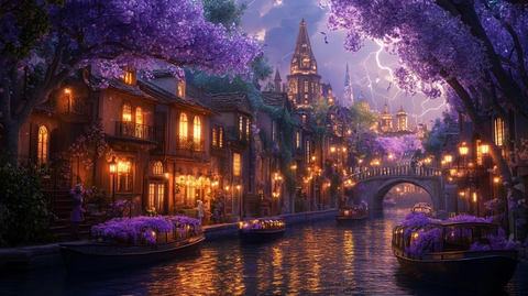 灯光璀璨的水道夜景古城镇之美尽显