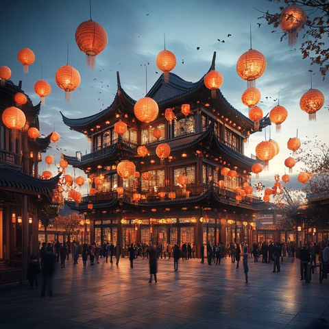 中式建筑前人群聚集的热闹夜景