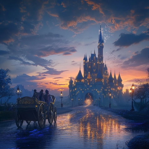 马车驶向灯火辉煌的城堡