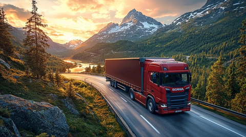 红色卡车行驶山间公路