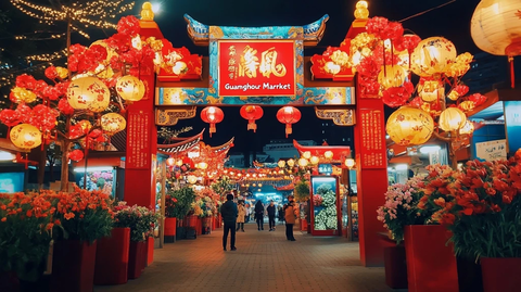 广州市场春节夜景红灯笼与鲜花交相辉映
