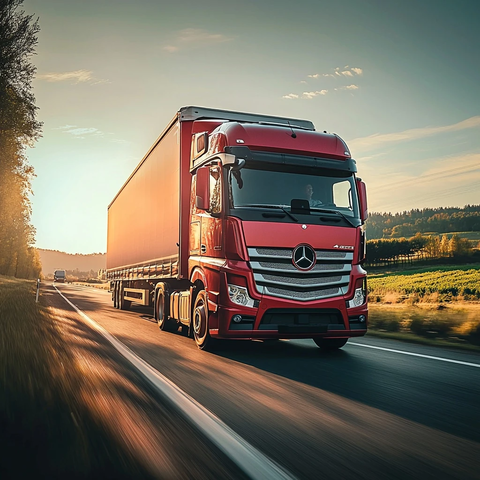 红色奔驰卡车高速行驶