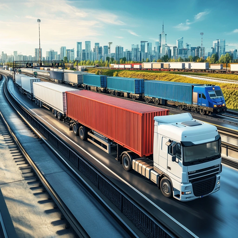 货车运载集装箱与火车并行