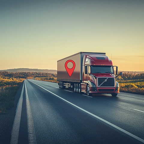 红色地图针标识半挂卡车