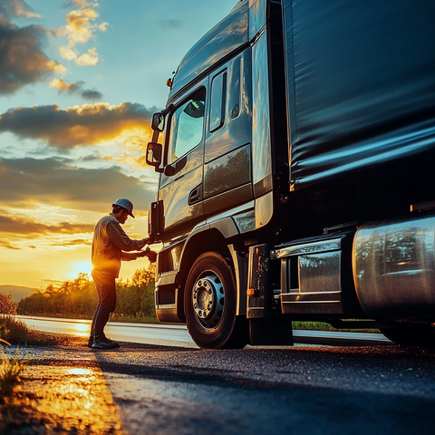 男子更换卡车前轮场景
