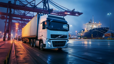 重型卡车停靠集装箱码头