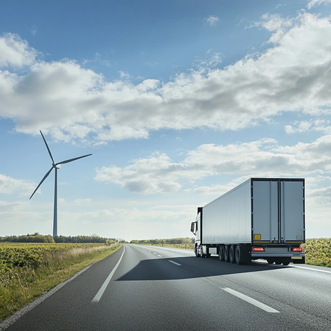 卡车在乡村道路驶向风车
