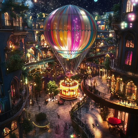 热气球下的热闹夜景商业街区