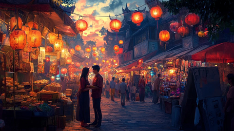 古街中一对男女站在灯火通明的街道
