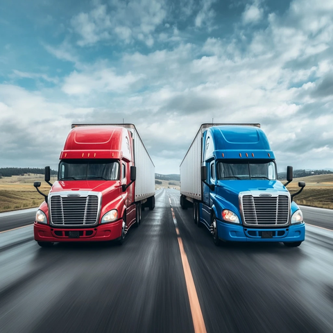 红色蓝色半挂车并排行驶