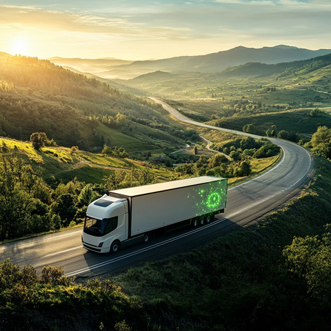 电动卡车行驶在绿色山间