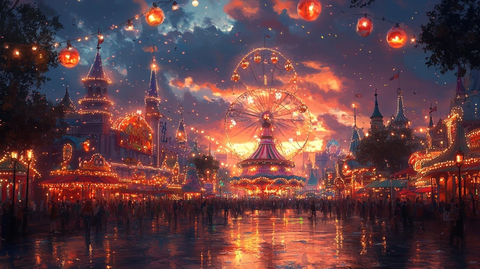 夜晚游乐园灯火辉煌热闹非凡的景象