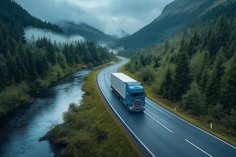 蓝色卡车弯道超车白色卡车