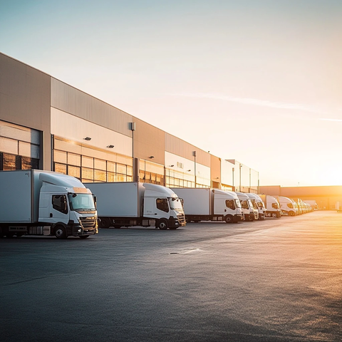 白色卡车与货车停靠在仓库