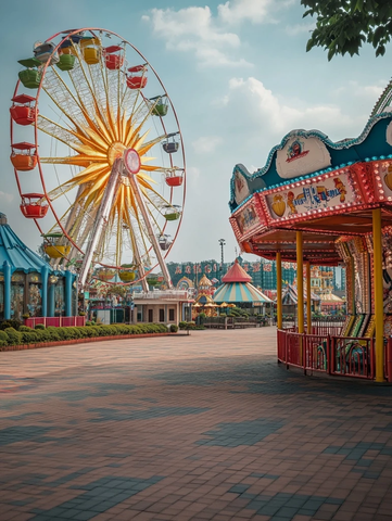 游乐园中的摩天轮和旋转木马景观