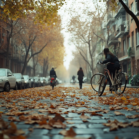 铺满落叶的街道上有人骑车有人步行