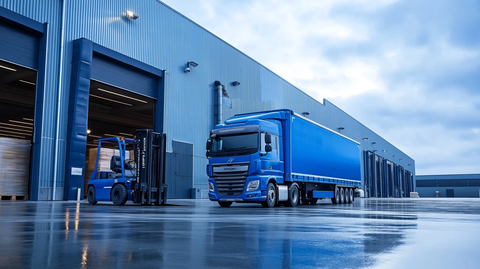 蓝色货柜车与叉车