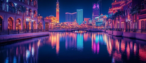 霓虹灯下的城市水道夜景