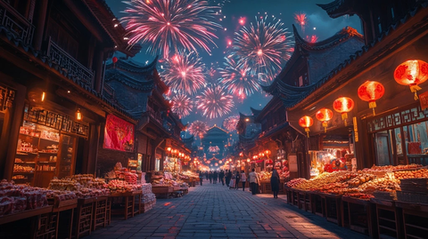 古街夜景烟火璀璨下的热闹街市
