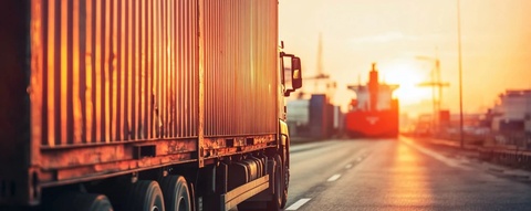 货运卡车驶过港口码头