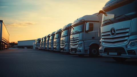 奔驰卡车运输场傍晚实景