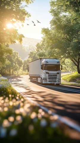 卡车沿绿意道路行驶