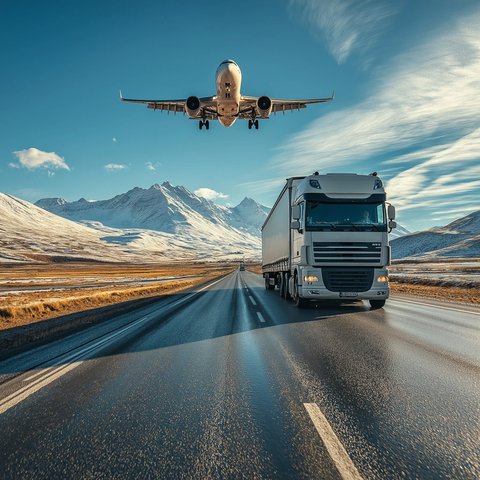 卡车行驶蓝天飞机飞过