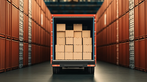 货运卡车装载商品停靠仓库