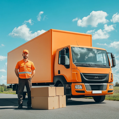 物流员站橙色货车旁搬运纸箱