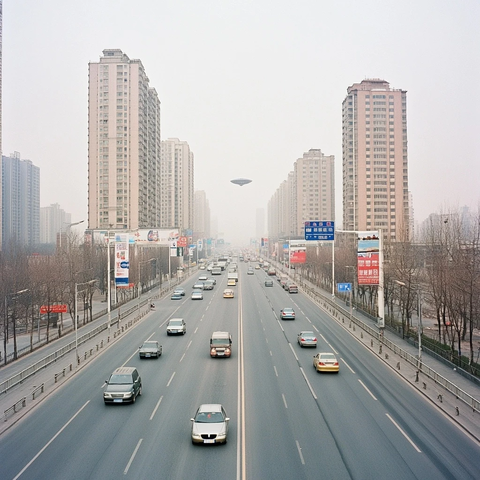 雾天城市主干道上的车流景象