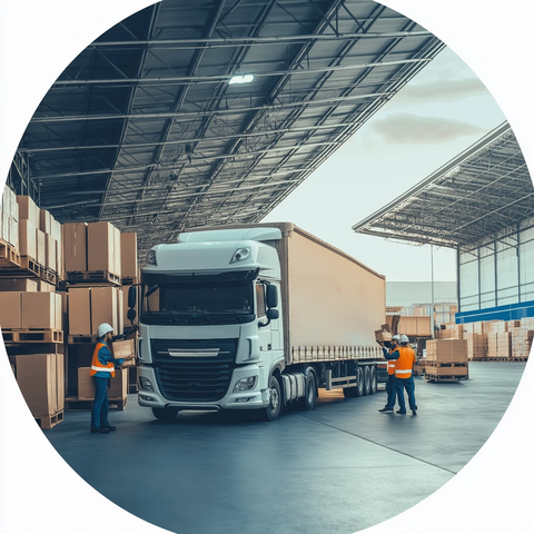 卡车卸货工人搬运货物进仓库