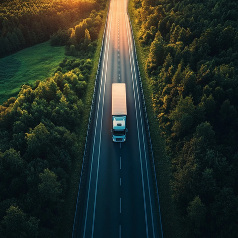 无人机俯拍电动卡车日出过渡