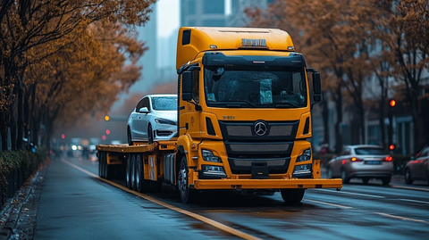 东风拖车运输白色轿车