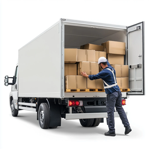 搬运工装载白色货车后部