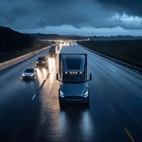 卡车雨夜追赶特斯拉