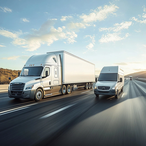 白色半挂卡车与车队厢式货车同行