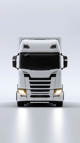 白色斯堪尼亚卡车正面视角