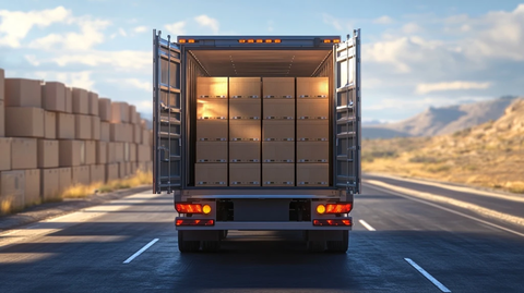 敞开货柜车后门与堆叠纸箱