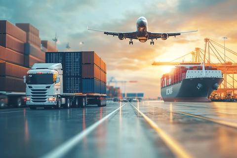 飞机货轮卡车并排运输