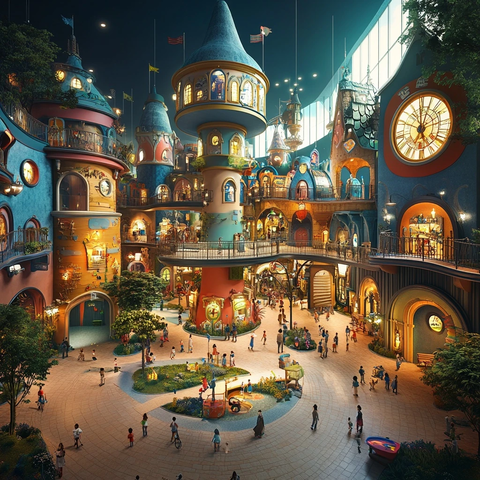 童话风格城堡建筑室内热闹景象