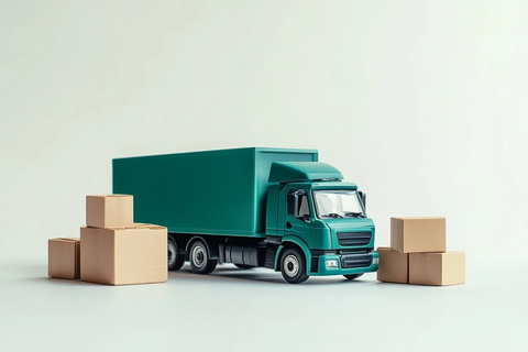 蓝色卡车旁堆放纸箱