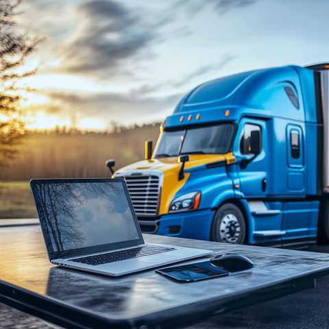 笔记本电脑与卡车背景